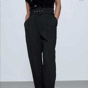 Zara Black High-Waist Belted Trousers